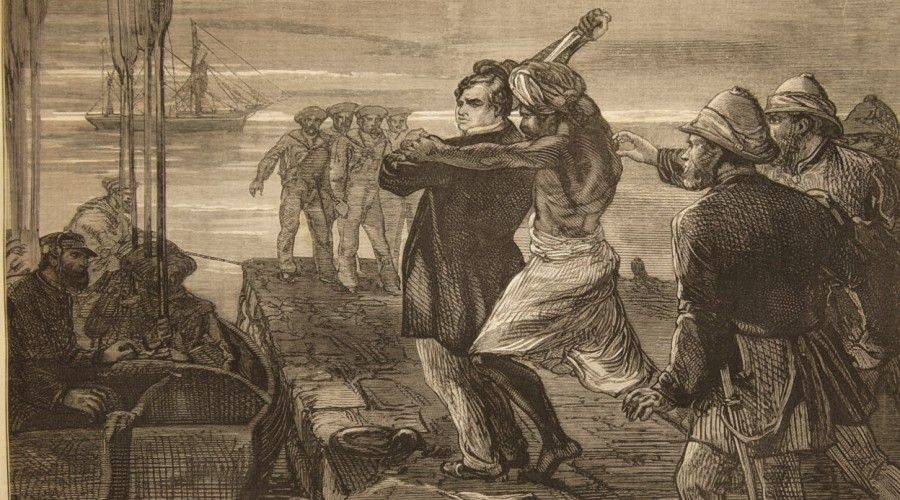 Historical engraving showing Sher Ali Afridi assassinating Lord Mayo, the Viceroy of India, on a jetty near the coast in the Andaman Islands (1872).