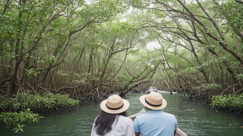 Boat passing through mangrove creek on the way to Limestone Caves in Baratang Island