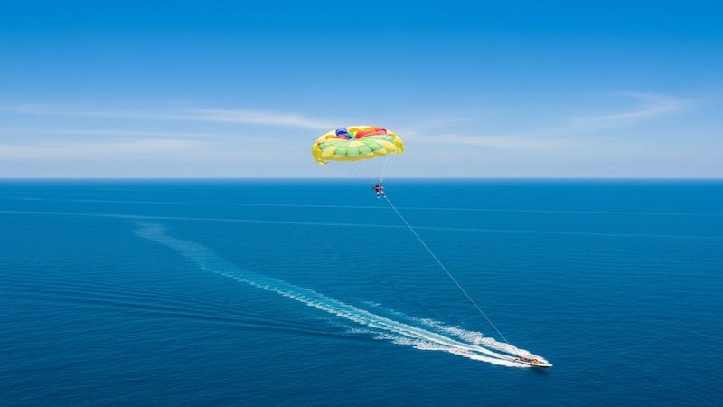 Tourists enjoying parasailing in Andaman with blue sea and clear sky