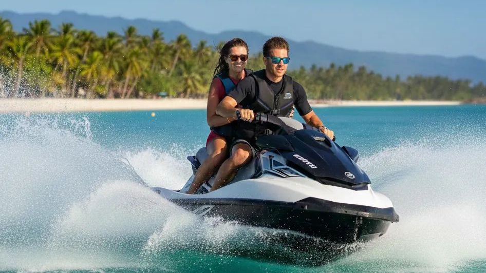 Tourist couple enjoying jet ski ride at North Bay Island, Andaman