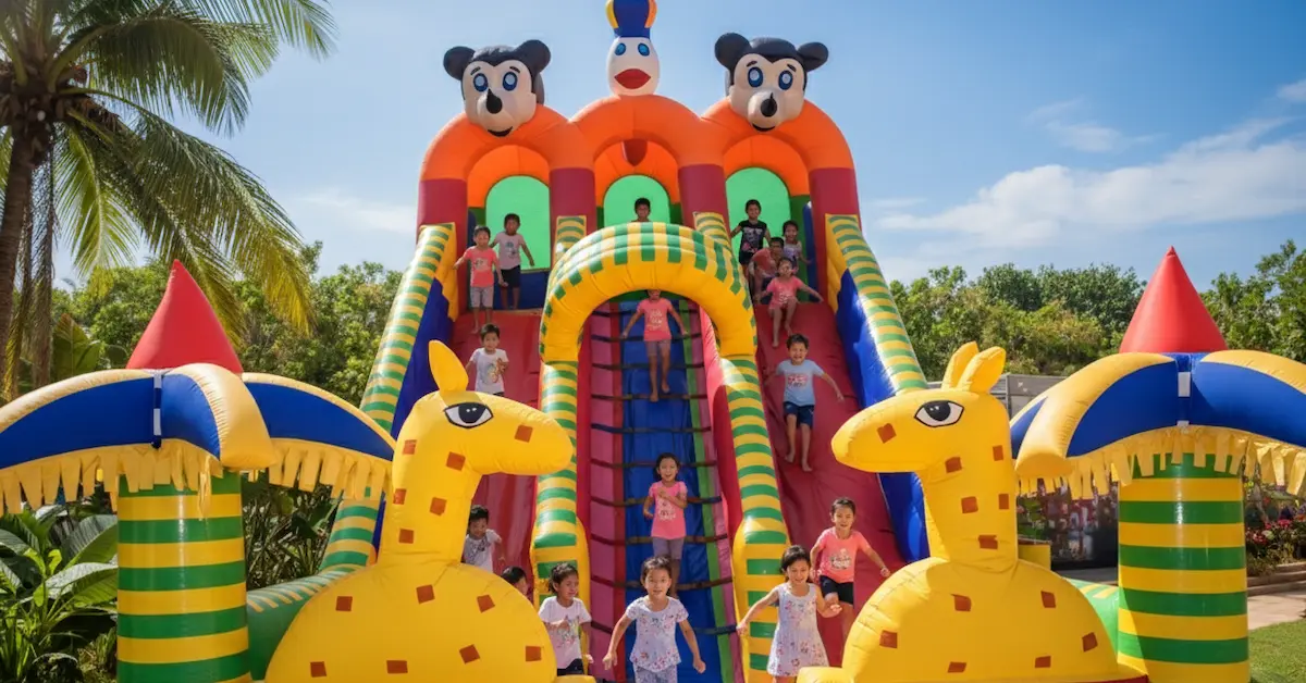 Children playing on a colorful Mickey Mouse themed inflatable slider at Yellow Garden's kids' zone.