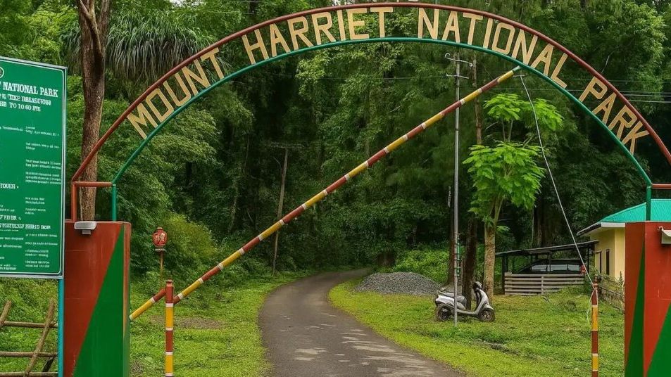 Mount Harriet National Park Andaman entrance arch with lush green forest road