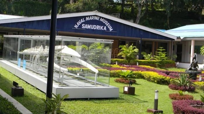 Naval Marine Museum Samudrika Port Blair outdoor gallery with marine skeleton exhibit and lush Andaman greenery